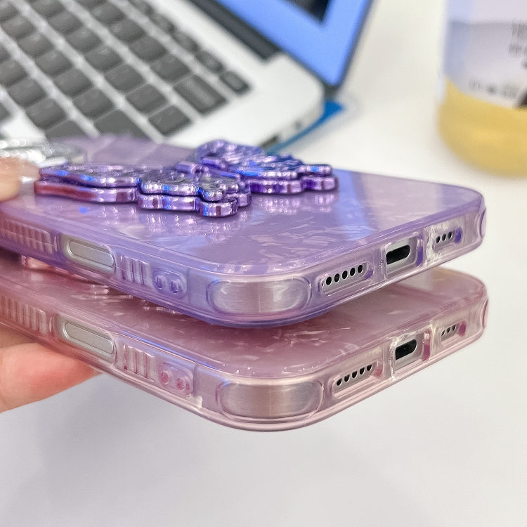 For iPhone 16e Plating Glitter Texture Butterfly Holder TPU Phone Case with Lens Film(Purple Shell Pattern)