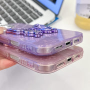 For iPhone 16e Plating Glitter Texture Butterfly Holder TPU Phone Case with Lens Film(Purple Shell Pattern)