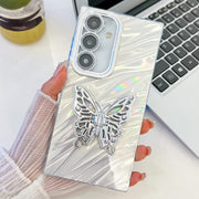 For Samsung Galaxy S25 5G Plating Glitter Texture Butterfly Holder TPU Phone Case with Lens Film(White Water Ripples)