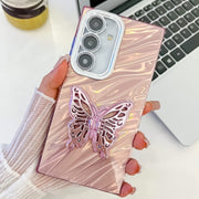 For Samsung Galaxy S25 5G Plating Glitter Texture Butterfly Holder TPU Phone Case with Lens Film(Pink Water Ripples)