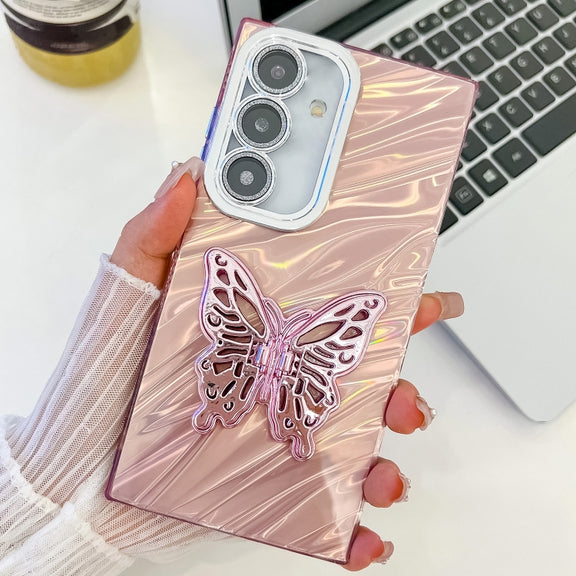 For Samsung Galaxy S25 5G Plating Glitter Texture Butterfly Holder TPU Phone Case with Lens Film(Pink Water Ripples)