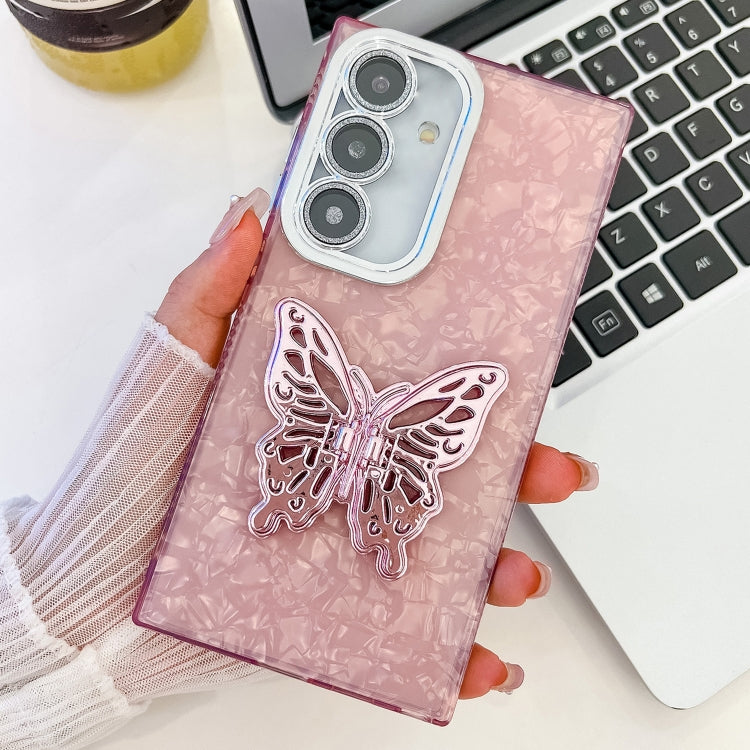 For Samsung Galaxy S25 5G Plating Glitter Texture Butterfly Holder TPU Phone Case with Lens Film(Pink Shell Pattern)