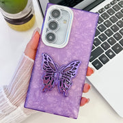 For Samsung Galaxy S25 5G Plating Glitter Texture Butterfly Holder TPU Phone Case with Lens Film(Purple Shell Pattern)