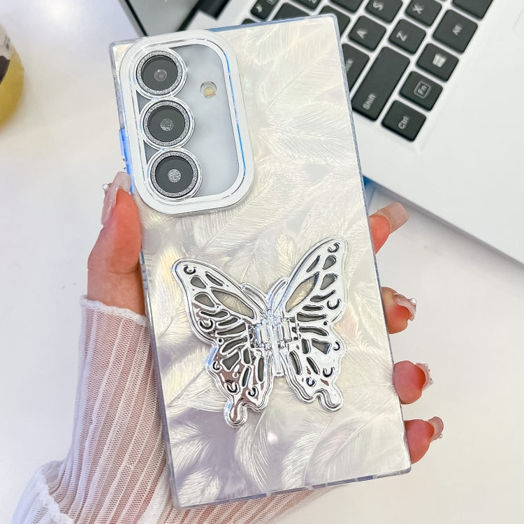 For Samsung Galaxy S25 5G Plating Glitter Texture Butterfly Holder TPU Phone Case with Lens Film(White Feathers)