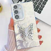For Samsung Galaxy S25 5G Plating Glitter Texture Butterfly Holder TPU Phone Case with Lens Film(White Feathers)