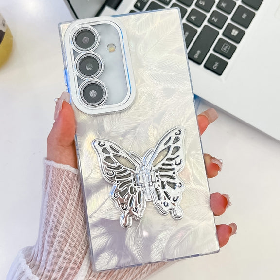 For Samsung Galaxy S25 5G Plating Glitter Texture Butterfly Holder TPU Phone Case with Lens Film(White Feathers)