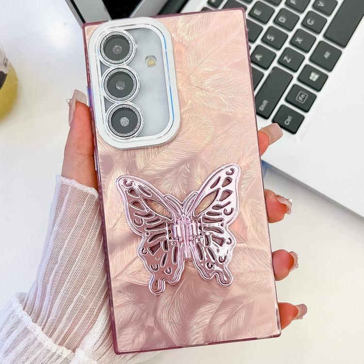 For Samsung Galaxy S25 5G Plating Glitter Texture Butterfly Holder TPU Phone Case with Lens Film(Pink Feathers)
