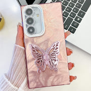 For Samsung Galaxy S25 5G Plating Glitter Texture Butterfly Holder TPU Phone Case with Lens Film(Pink Feathers)