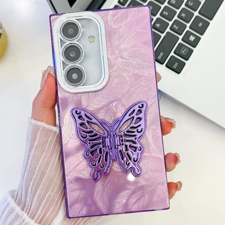 For Samsung Galaxy S25 5G Plating Glitter Texture Butterfly Holder TPU Phone Case with Lens Film(Purple Feathers)