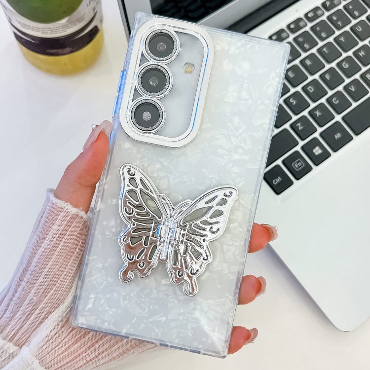 For Samsung Galaxy S25+ 5G Plating Glitter Texture Butterfly Holder TPU Phone Case with Lens Film(White Shell Pattern)