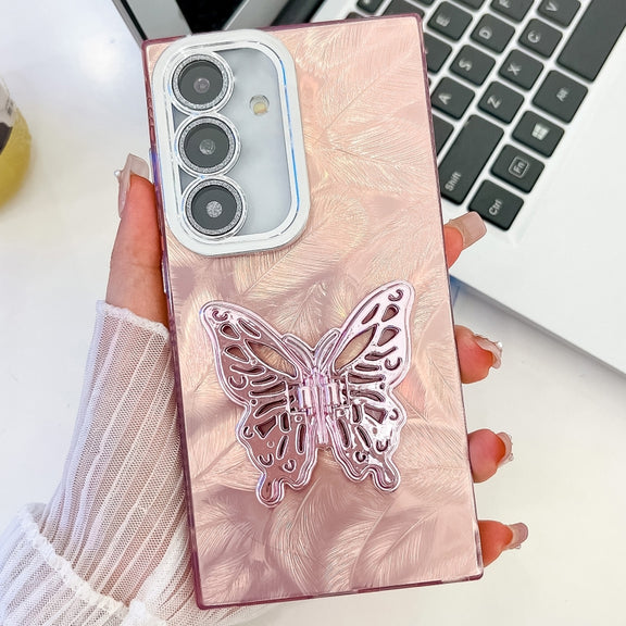 For Samsung Galaxy S25+ 5G Plating Glitter Texture Butterfly Holder TPU Phone Case with Lens Film(Pink Feathers)
