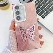 For Samsung Galaxy S25+ 5G Plating Glitter Texture Butterfly Holder TPU Phone Case with Lens Film(Pink Feather Yarn)