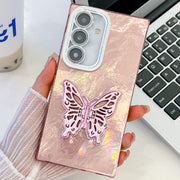 For Samsung Galaxy S25+ 5G Plating Glitter Texture Butterfly Holder TPU Phone Case with Lens Film(Pink Tinfoil Texture)