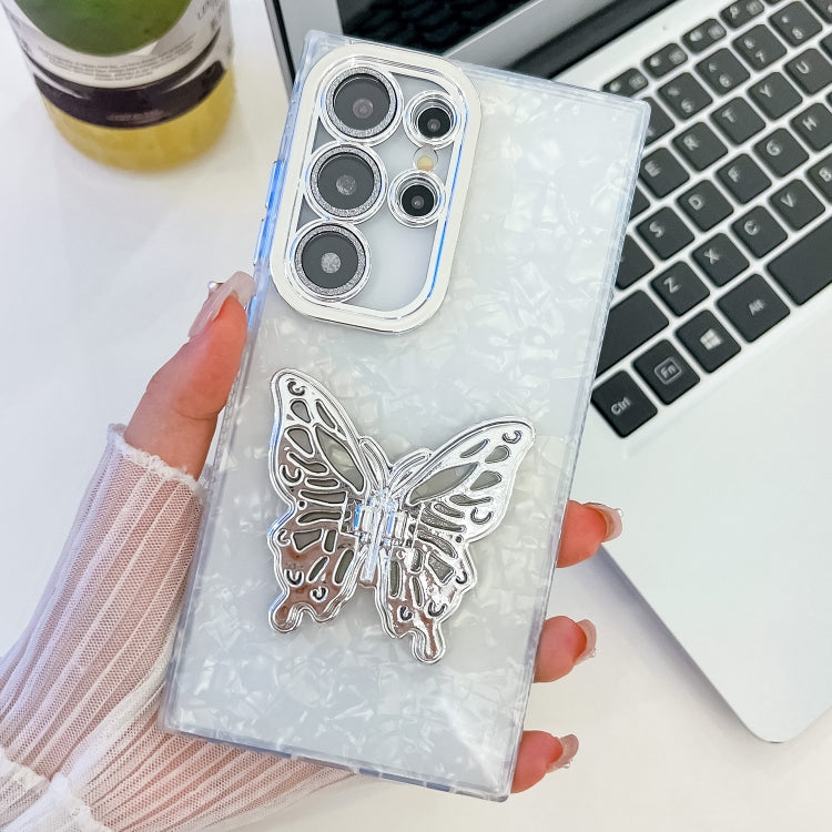 For Samsung Galaxy S25 Ultra 5G Plating Glitter Texture Butterfly Holder TPU Phone Case with Lens Film(White Shell Pattern)