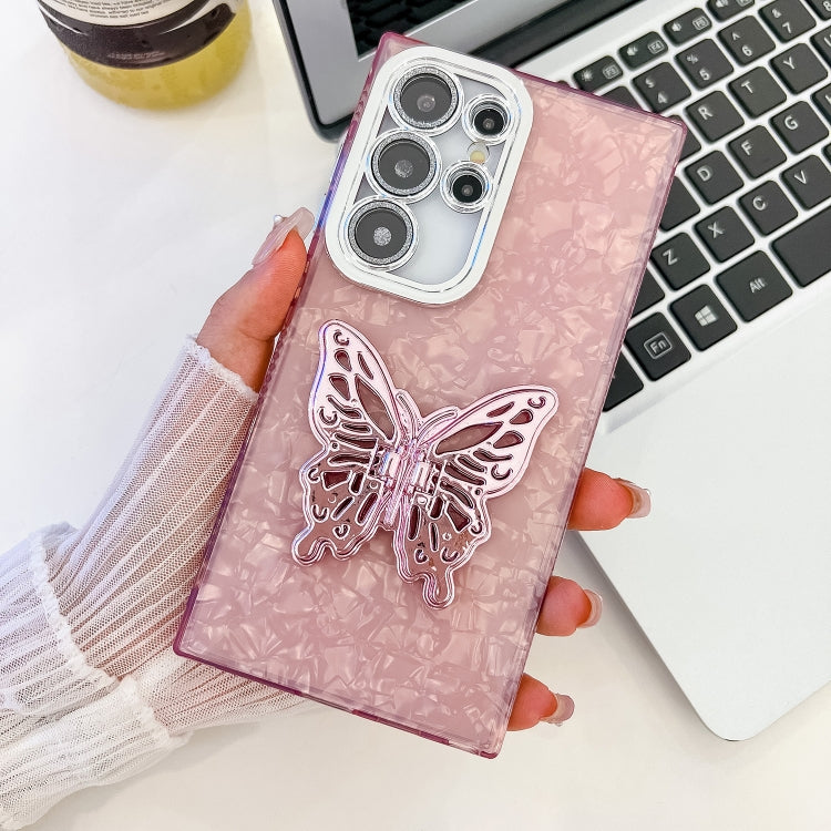 For Samsung Galaxy S25 Ultra 5G Plating Glitter Texture Butterfly Holder TPU Phone Case with Lens Film(Pink Shell Pattern)