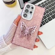 For Samsung Galaxy S25 Ultra 5G Plating Glitter Texture Butterfly Holder TPU Phone Case with Lens Film(Pink Shell Pattern)