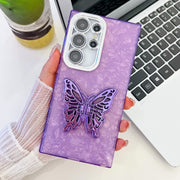 For Samsung Galaxy S25 Ultra 5G Plating Glitter Texture Butterfly Holder TPU Phone Case with Lens Film(Purple Shell Pattern)