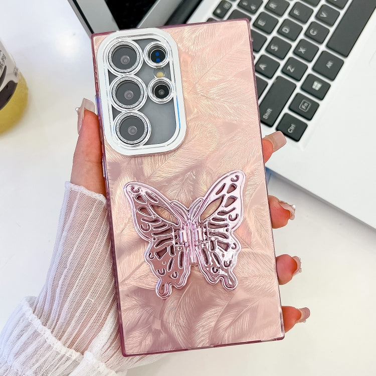 For Samsung Galaxy S25 Ultra 5G Plating Glitter Texture Butterfly Holder TPU Phone Case with Lens Film(Pink Feathers)