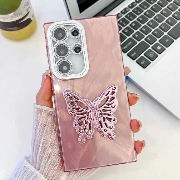 For Samsung Galaxy S25 Ultra 5G Plating Glitter Texture Butterfly Holder TPU Phone Case with Lens Film(Pink Feather Yarn)