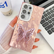 For Samsung Galaxy S25 Ultra 5G Plating Glitter Texture Butterfly Holder TPU Phone Case with Lens Film(Pink Wrinkles)