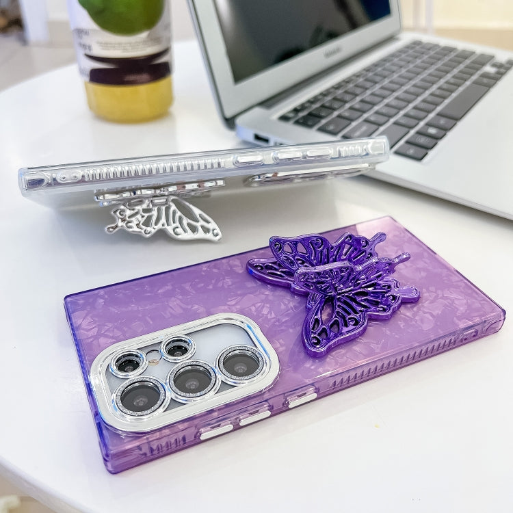 For Samsung Galaxy S25 5G Plating Glitter Texture Butterfly Holder TPU Phone Case with Lens Film(Purple Shell Pattern)