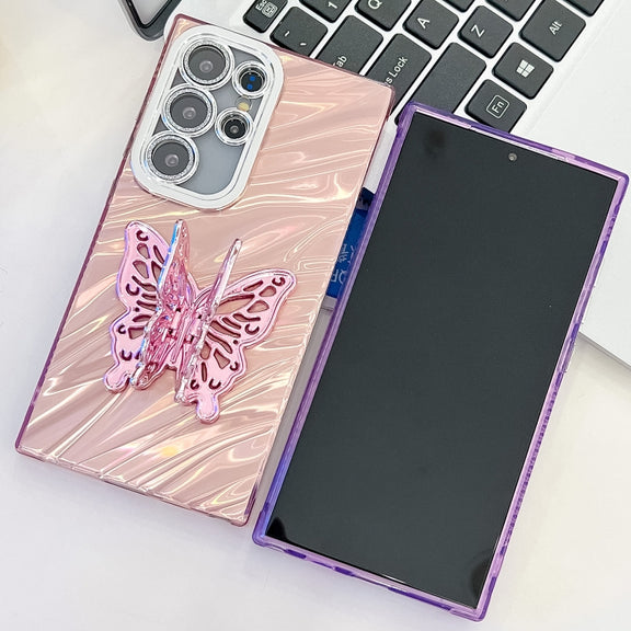 For Samsung Galaxy S25 5G Plating Glitter Texture Butterfly Holder TPU Phone Case with Lens Film(Purple Shell Pattern)