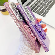 For Samsung Galaxy S25 5G Plating Glitter Texture Butterfly Holder TPU Phone Case with Lens Film(White Feathers)