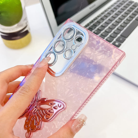 For Samsung Galaxy S25+ 5G Plating Glitter Texture Butterfly Holder TPU Phone Case with Lens Film(White Shell Pattern)