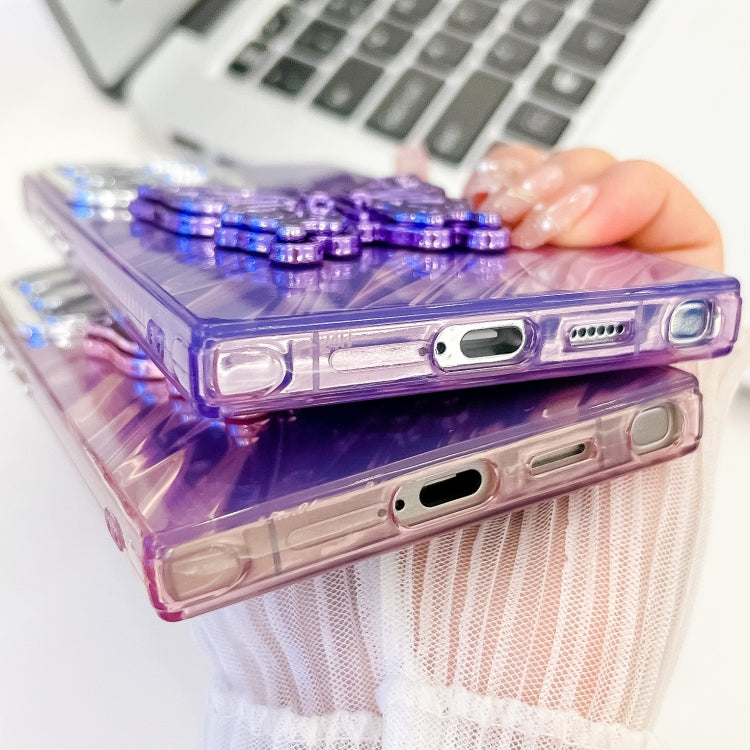 For Samsung Galaxy S25 5G Plating Glitter Texture Butterfly Holder TPU Phone Case with Lens Film(Pink Shell Pattern)