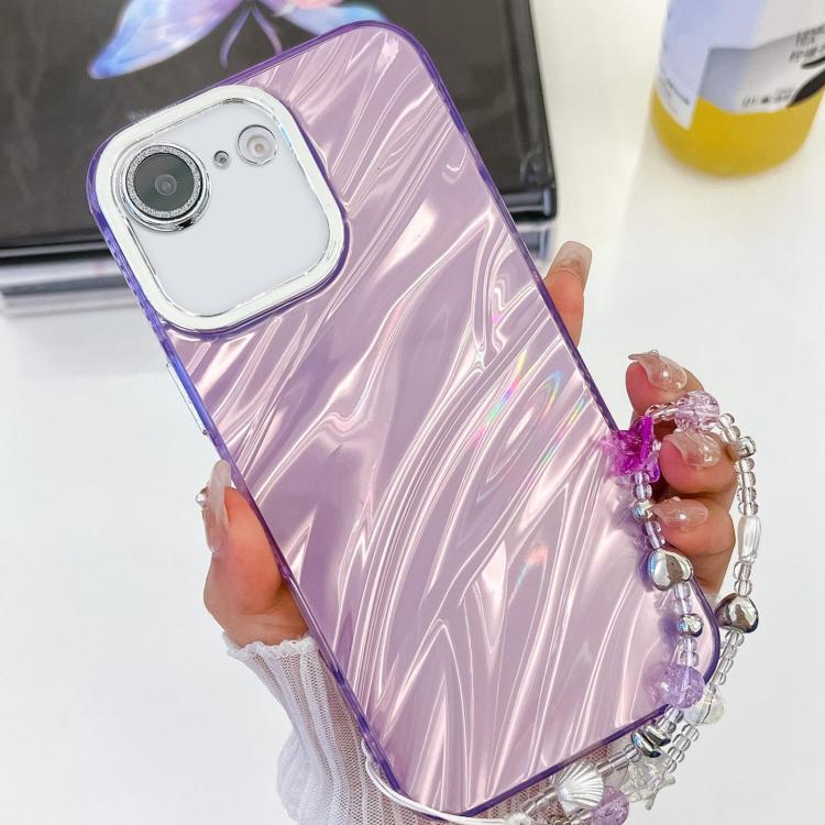 For iPhone 16e Plating Glitter Texture Chain Wristband TPU Phone Case with Lens Film(Purple Water Ripples)