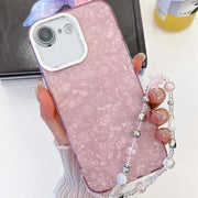 For iPhone 16e Plating Glitter Texture Chain Wristband TPU Phone Case with Lens Film(Pink Shell Pattern)