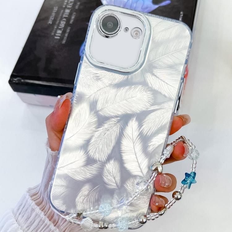 For iPhone 16e Plating Glitter Texture Chain Wristband TPU Phone Case with Lens Film(White Feathers)