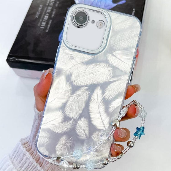 For iPhone 16e Plating Glitter Texture Chain Wristband TPU Phone Case with Lens Film(White Feathers)