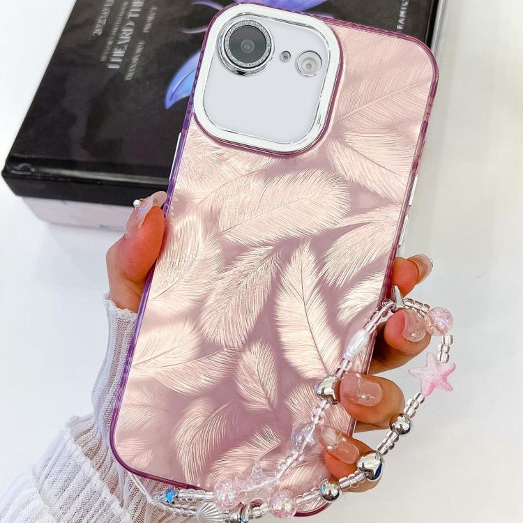 For iPhone 16e Plating Glitter Texture Chain Wristband TPU Phone Case with Lens Film(Pink Feathers)