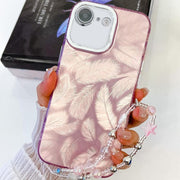For iPhone 16e Plating Glitter Texture Chain Wristband TPU Phone Case with Lens Film(Pink Feathers)