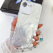 For iPhone 16e Plating Glitter Texture Chain Wristband TPU Phone Case with Lens Film(White Feather Yarn)