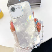 For iPhone 16e Plating Glitter Texture Chain Wristband TPU Phone Case with Lens Film(White Tinfoil Texture)