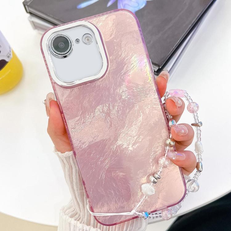 For iPhone 16e Plating Glitter Texture Chain Wristband TPU Phone Case with Lens Film(Pink Tinfoil Texture)