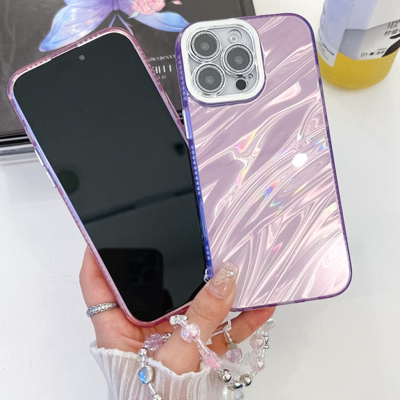 For iPhone 16e Plating Glitter Texture Chain Wristband TPU Phone Case with Lens Film(Pink Feathers)
