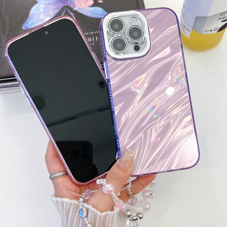 For iPhone 16e Plating Glitter Texture Chain Wristband TPU Phone Case with Lens Film(Pink Water Ripples)