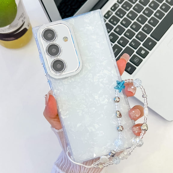 For Samsung Galaxy S25 5G Plating Glitter Texture Chain Wristband TPU Phone Case with Lens Film(White Shell Pattern)