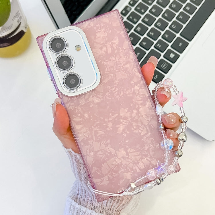 For Samsung Galaxy S25 5G Plating Glitter Texture Chain Wristband TPU Phone Case with Lens Film(Pink Shell Pattern)