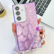 For Samsung Galaxy S25 5G Plating Glitter Texture Chain Wristband TPU Phone Case with Lens Film(Purple Feathers)