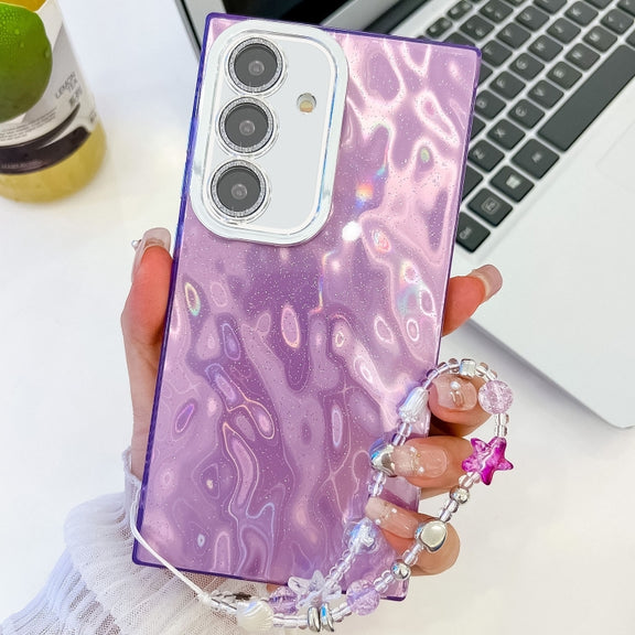 For Samsung Galaxy S25 5G Plating Glitter Texture Chain Wristband TPU Phone Case with Lens Film(Purple Wrinkles)