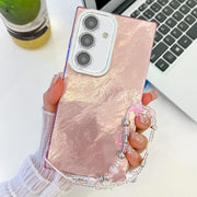 For Samsung Galaxy S25 5G Plating Glitter Texture Chain Wristband TPU Phone Case with Lens Film(Pink Tinfoil Texture)
