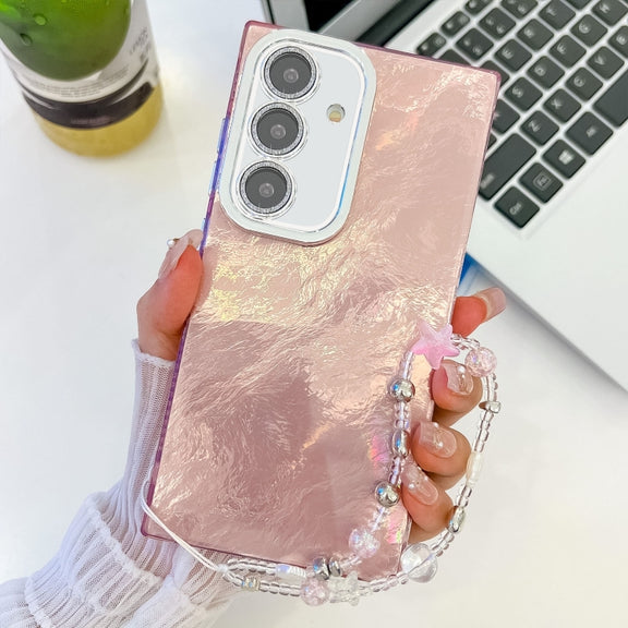 For Samsung Galaxy S25 5G Plating Glitter Texture Chain Wristband TPU Phone Case with Lens Film(Pink Tinfoil Texture)