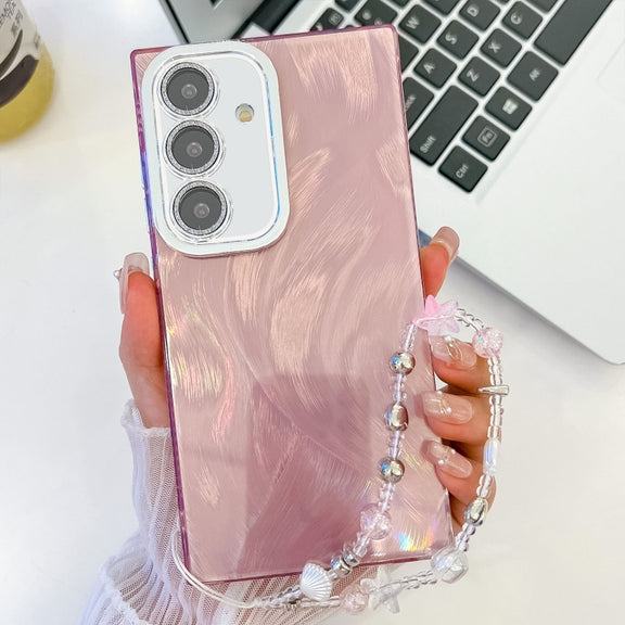 For Samsung Galaxy S25+ 5G Plating Glitter Texture Chain Wristband TPU Phone Case with Lens Film(Pink Feather Yarn)
