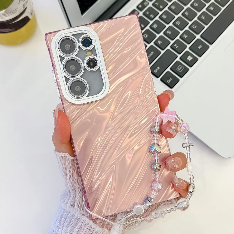 For Samsung Galaxy S25 Ultra 5G Plating Glitter Texture Chain Wristband TPU Phone Case with Lens Film(Pink Water Ripples)