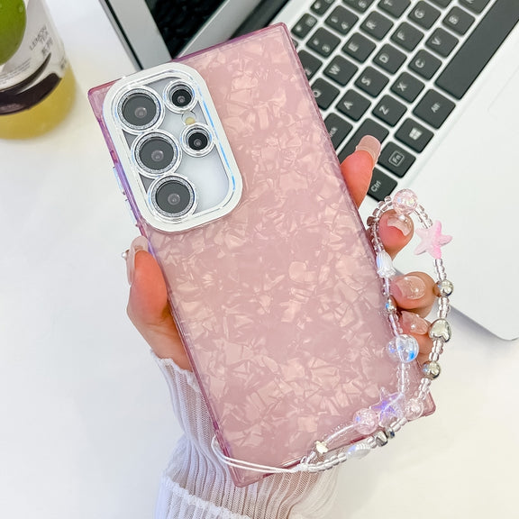 For Samsung Galaxy S25 Ultra 5G Plating Glitter Texture Chain Wristband TPU Phone Case with Lens Film(Pink Shell Pattern)