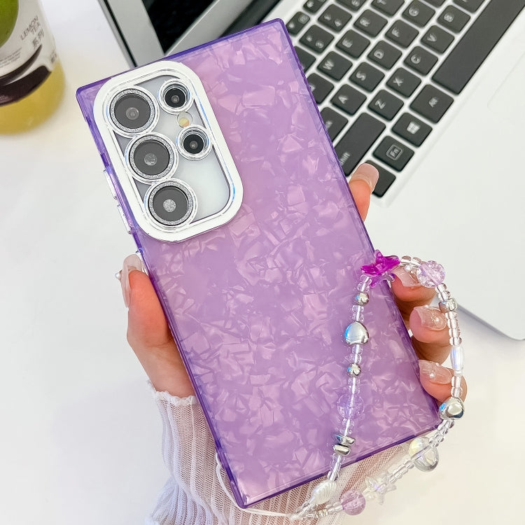 For Samsung Galaxy S25 Ultra 5G Plating Glitter Texture Chain Wristband TPU Phone Case with Lens Film(Purple Shell Pattern)
